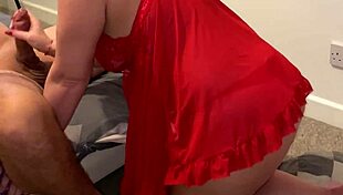 Step mom kneels to suck his thick dick before riding it to belly cumshot.