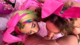 roxy lips and mary frost bisexual ffm threesome cowgirl doggystyle deepthroat lick shaved pussy rabbit toy