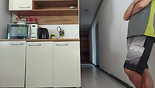 husband showers while i sneak risky kitchen fuck with his friend almost busted