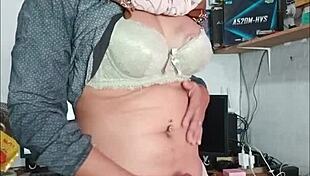 check this hijab ladyboy jerking off hard till she explodes with cum