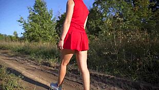 Voyeur spies short dress girl flashing thong panties and ass outdoors.