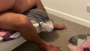 Step mom kneels to suck his thick dick before riding it to belly cumshot.