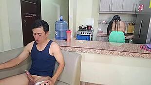 busty latina stepdaughter fucks stepdad in kitchen while stepmom cooks nearby