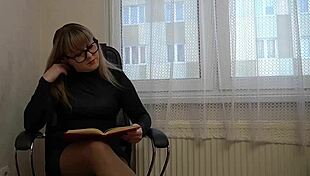 Brunette office secretary in heels glasses kneels sucking cock desperately for job security