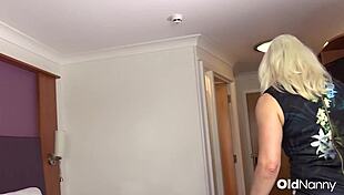 mature blonde granny in lingerie tempts bald stud for a wild ride