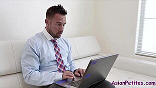 Dude, this white perv ties up his asian fuck doll for rough bdsm tit spanking and pounding