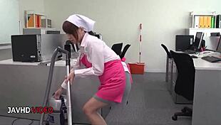 Asian office lady Chihiro Akino slurps hardcore blowjob ending in creamy creampie blast