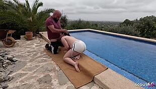 whoa 😍 curvy stepdaughter's huge naturals bounce while anal fucked by old dude poolside!