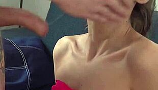 Skinny slut yanked by ponytail kneels for brutal facefuck slap and rough ride