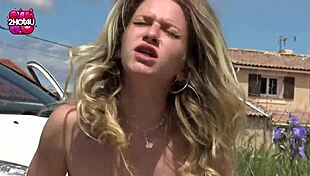 french schoolgirl sneaks outdoor fuck in field after class, small tits bouncing wild