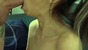 Skinny slut yanked by ponytail kneels for brutal facefuck slap and rough ride