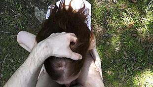 A chance forest meetup turns into outdoor redhead blowjob