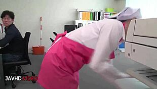 Asian office lady Chihiro Akino slurps hardcore blowjob ending in creamy creampie blast
