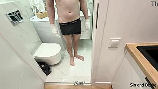 Step-mom carefully strokes step-son's big cock in bathroom until he cums hard