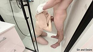 Step-mom carefully strokes step-son's big cock in bathroom until he cums hard