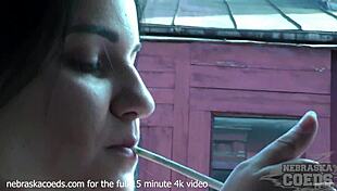 hot 18yo milania fingers wet pussy and gropes natural tits at open window while smoking and moaning!