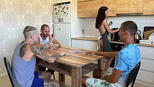 Young wife loses at cards takes triple creampie on kitchen table