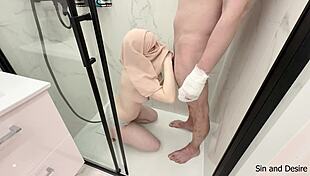 Step-mom carefully strokes step-son's big cock in bathroom until he cums hard