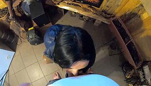 deepthroat in tight cameltoe leggings? brunette milf sucks cock in puffer jacket till cum