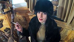 Watch this smoking milf housewife teases with dirty talk then deep blowjob cum on fur coat hat
