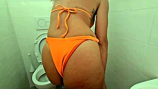 bather gets followed into beach toilet for rough big cock pounding