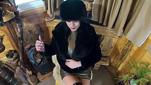 Watch this smoking milf housewife teases with dirty talk then deep blowjob cum on fur coat hat