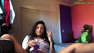 hot brunette smokes talks dirty feet out while fingering wet