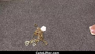 caught shoplifter jena larose strips her bra as stolen jewelry spills out for punishment fuck