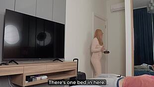step son sneaks creampie into step mom sharing hotel bed petting
