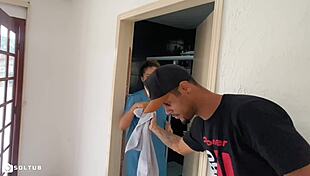 guy slips in bathroom fucking curly latina's big pussy over soap suds