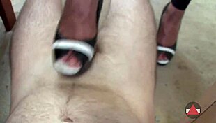 he begged for my heels on his cock so i gave him a rough shoejob cumshot