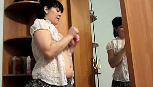 milf pounds her hairy pussy hard in mirror