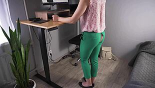secretary's tight pants ripped open while coworker spies on her teasing ass at office