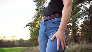 stepsis cameltoe teases big pussy lips through tight blue jeans outdoors, wanna see?