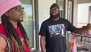 step dad and friend help out with double ebony teen action