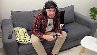 Pamela sucks a huge cock from gamer boy