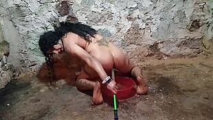 shemale stuffs pickle deep in ass for squirting anal play enema fun