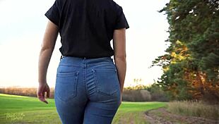 stepsis cameltoe teases big pussy lips through tight blue jeans outdoors, wanna see?