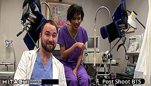 curious freshman writhes under nurse jackie banes' mandatory hitachi vibrator session backstage