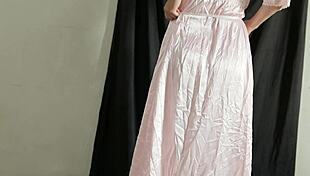 Peeking at curvy girl changing in satin dress