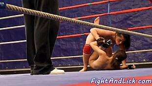 busty chubby babes finger lick pussies wrestling naked in ring