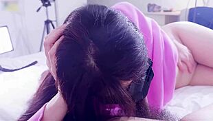 Asian girl in pink hoodie gets massive creampie in sneakers