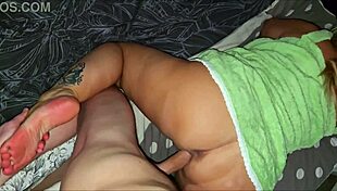 A Stepmother In Green Robe Spreads Legs For Stepson Fingering Feet Worship Chubby Ass Close Up Taboo Fun!