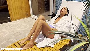 oily petite latina foot fun in sauna