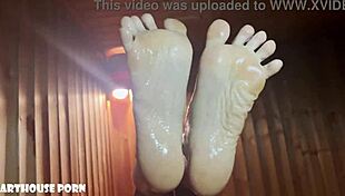 oily petite latina foot fun in sauna