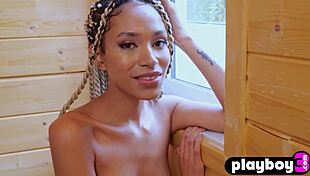 Petite black milf model posed in stockings during her solo session