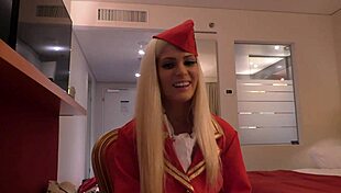 Pretty stewardess Candee Licious swallows cum