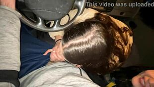 double blowjob while driving a van with cute european teen
