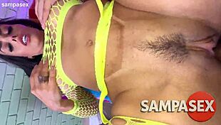 big ass stripper in yellow fishnets takes it all in motel