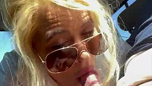 streetwalker in sunglasses gives blowjob and takes facial
